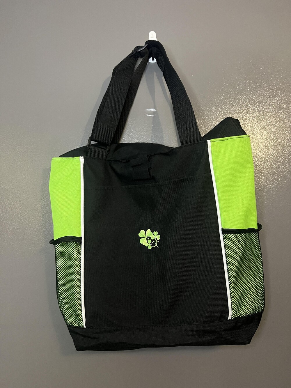 Shamrock Clover Irish Port & Company Tote Bag Black Green Zip Top Mesh Pockets